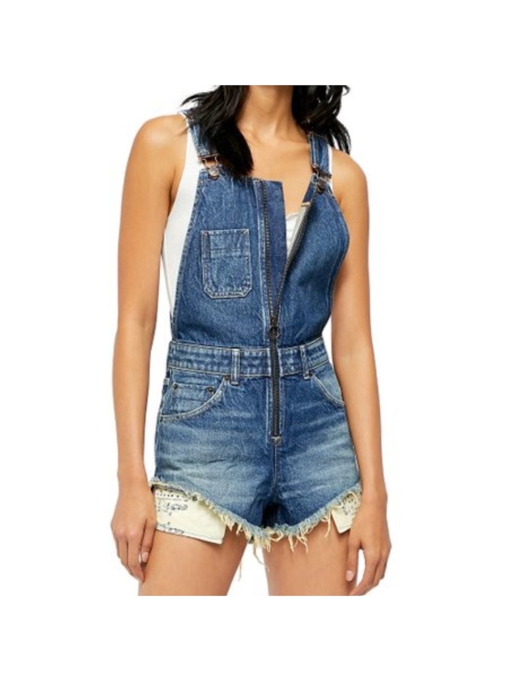 Free people We the Free Sun kissed denim overall shorts  w/ Zipper and Raw Hem